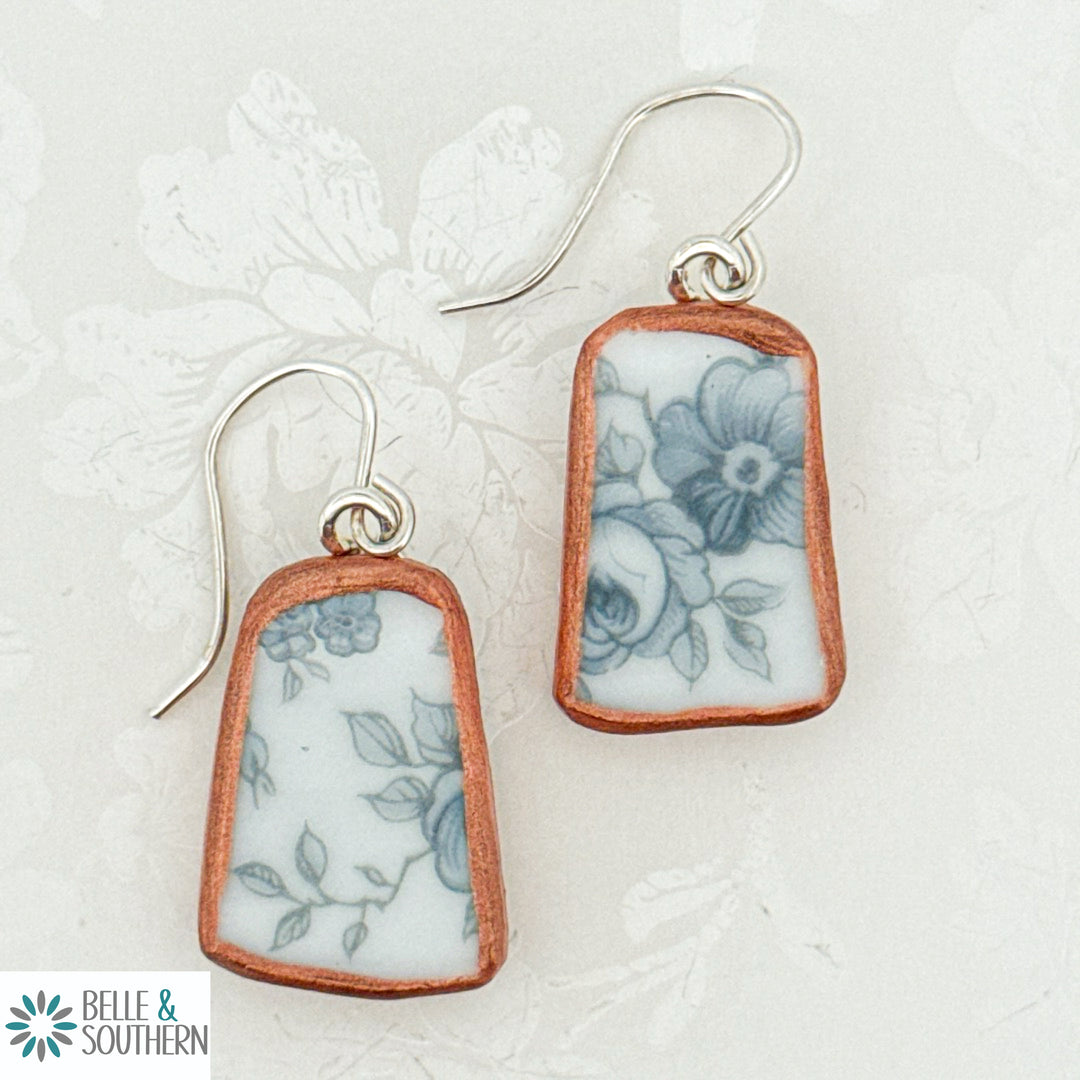 Light Blue Floral Pattern Broken Plate Earrings on Sterling Silver Earwire