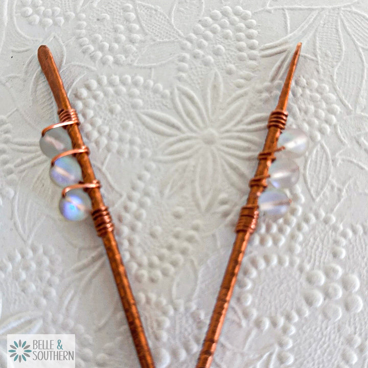 Moonstone Beads wrapped on textured copper hair sticks Pair
