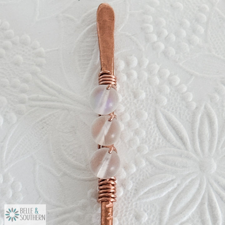 Shown: Closer view of Moonstone Gemstone Beads on Copper Hairstick
