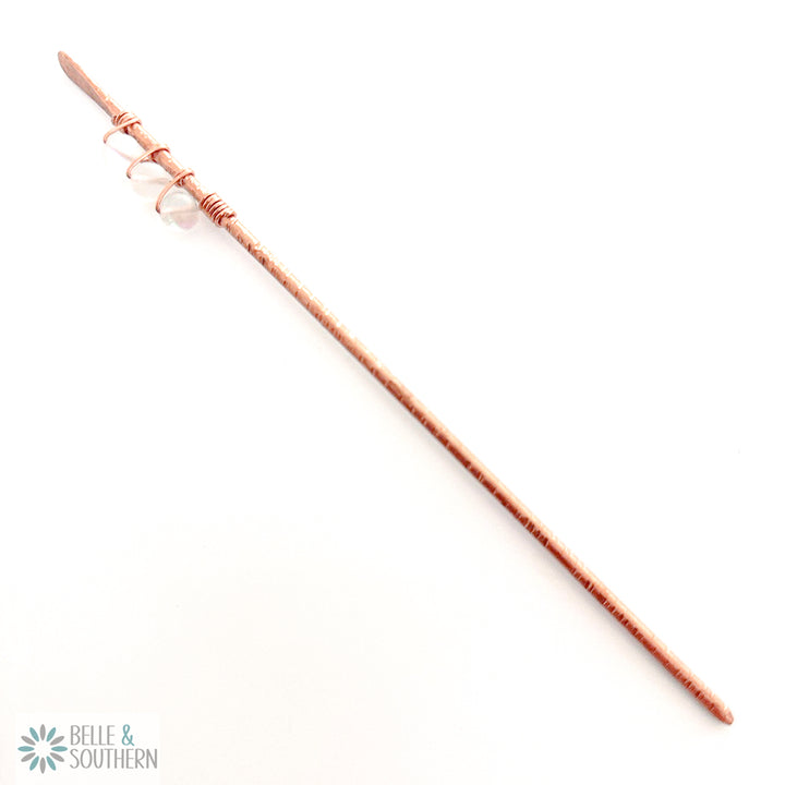 3 Moonstone Gemstone Beads wrapped on textured copper hair stick