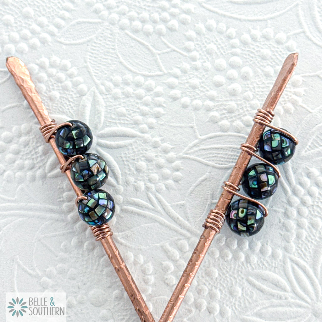 Pair of Mosaic Abalone Shell Beads wrapped on textured copper hair sticks