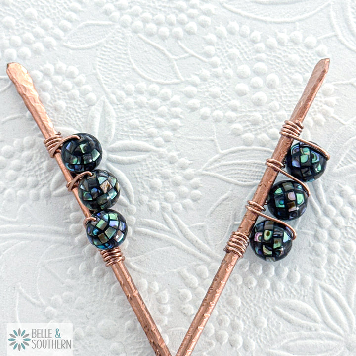 Pair of Mosaic Abalone Shell Beads wrapped on textured copper hair sticks