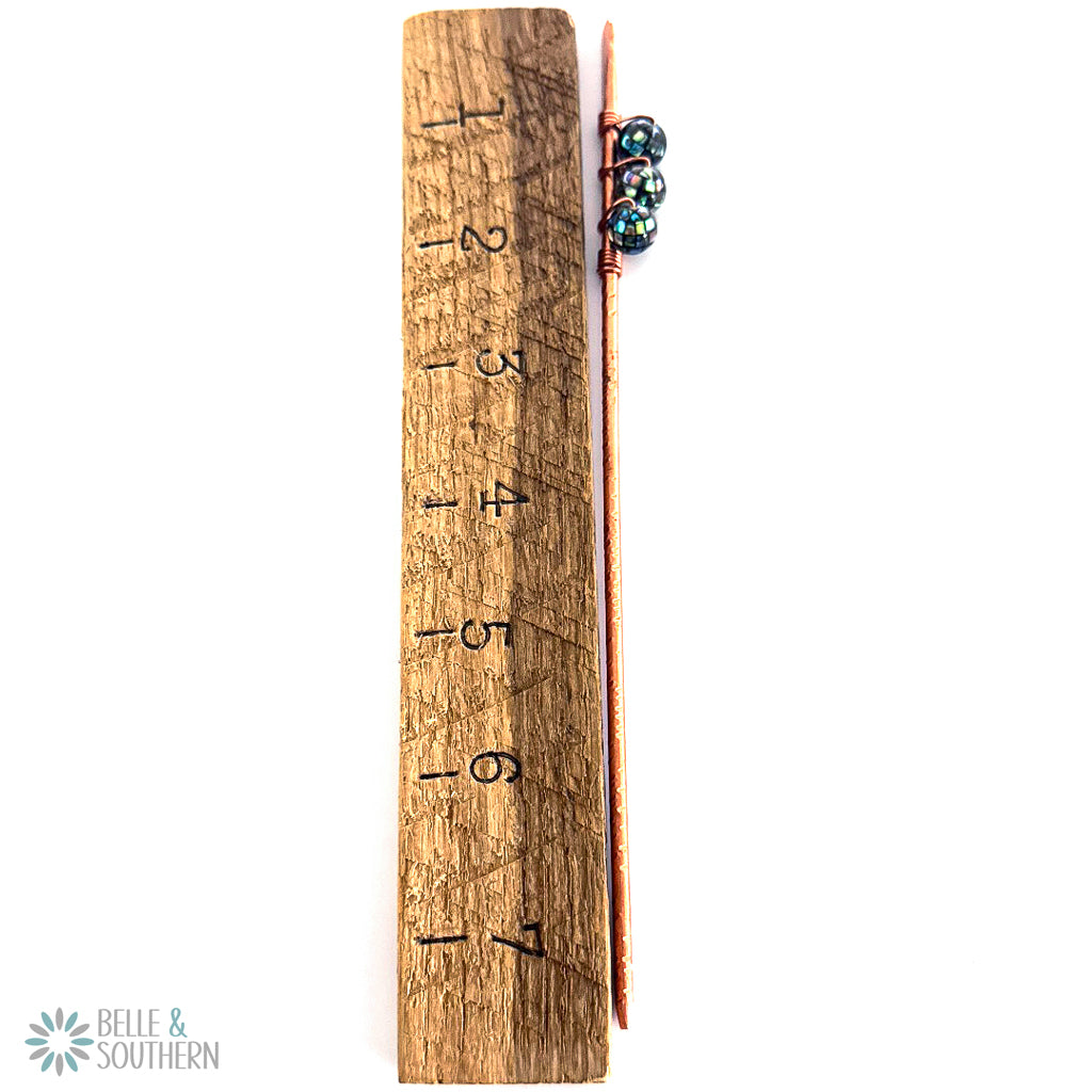 Mosaic Abalone Shell Bead CopperHair Stick next to ruler for sizing