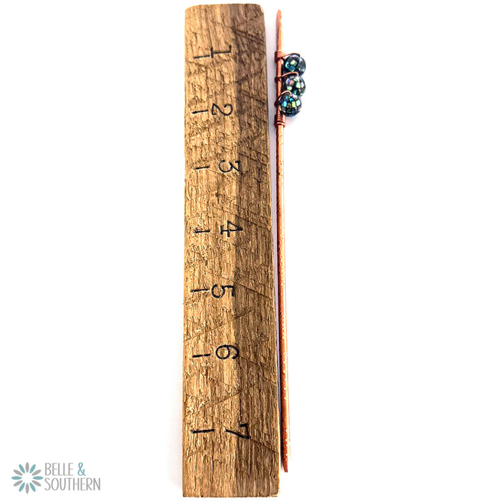 Mosaic Abalone Shell Bead CopperHair Stick next to ruler for sizing