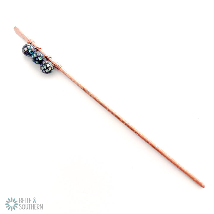 3 Mosaic Abalone Shell Beads wrapped on textured copper hair stick
