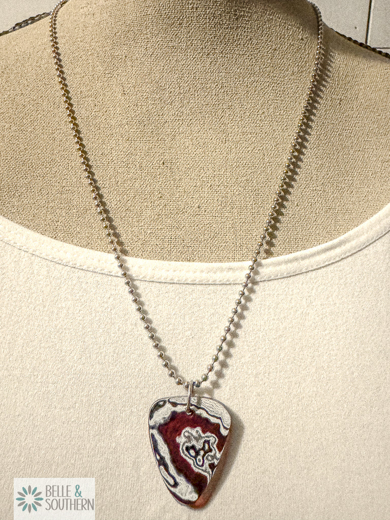 Maroon Drift Fordite pendant necklace with maroon and silver swirls on stainless steel ball chain