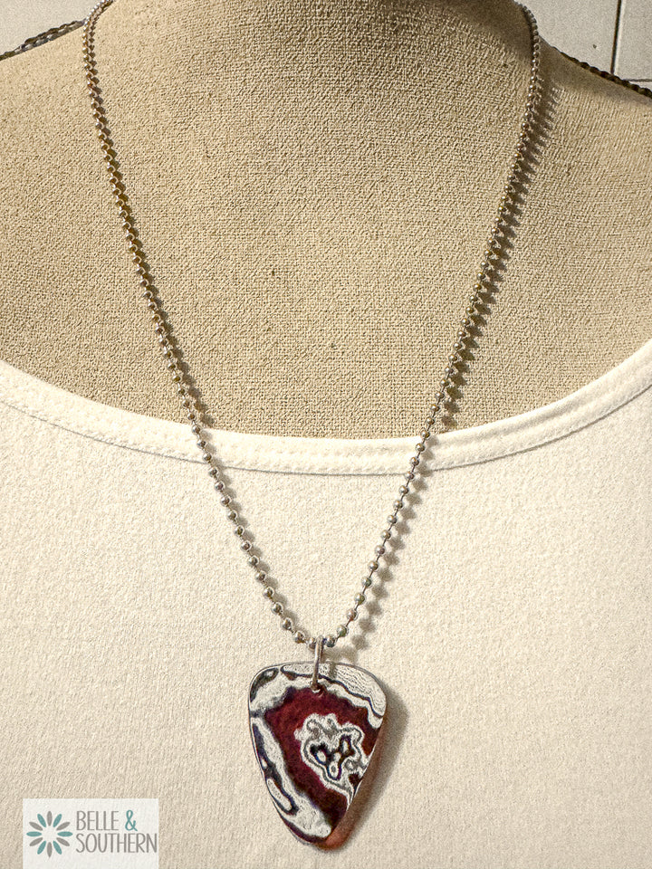 Maroon Drift Fordite pendant necklace with maroon and silver swirls on stainless steel ball chain