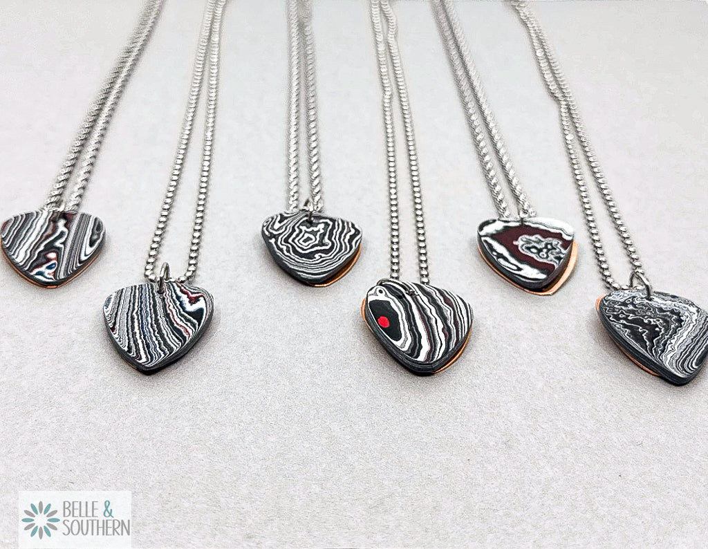 6 Fordite and Copper Guitar Pick Pendant on Chain