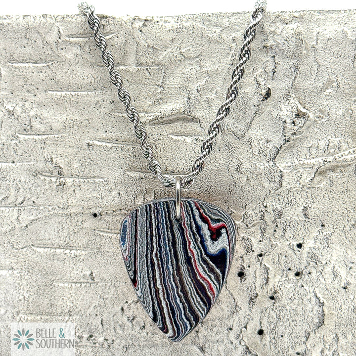 Fordite Guitar Pick Shaped Pendant on Stainless Steel Rope Chain