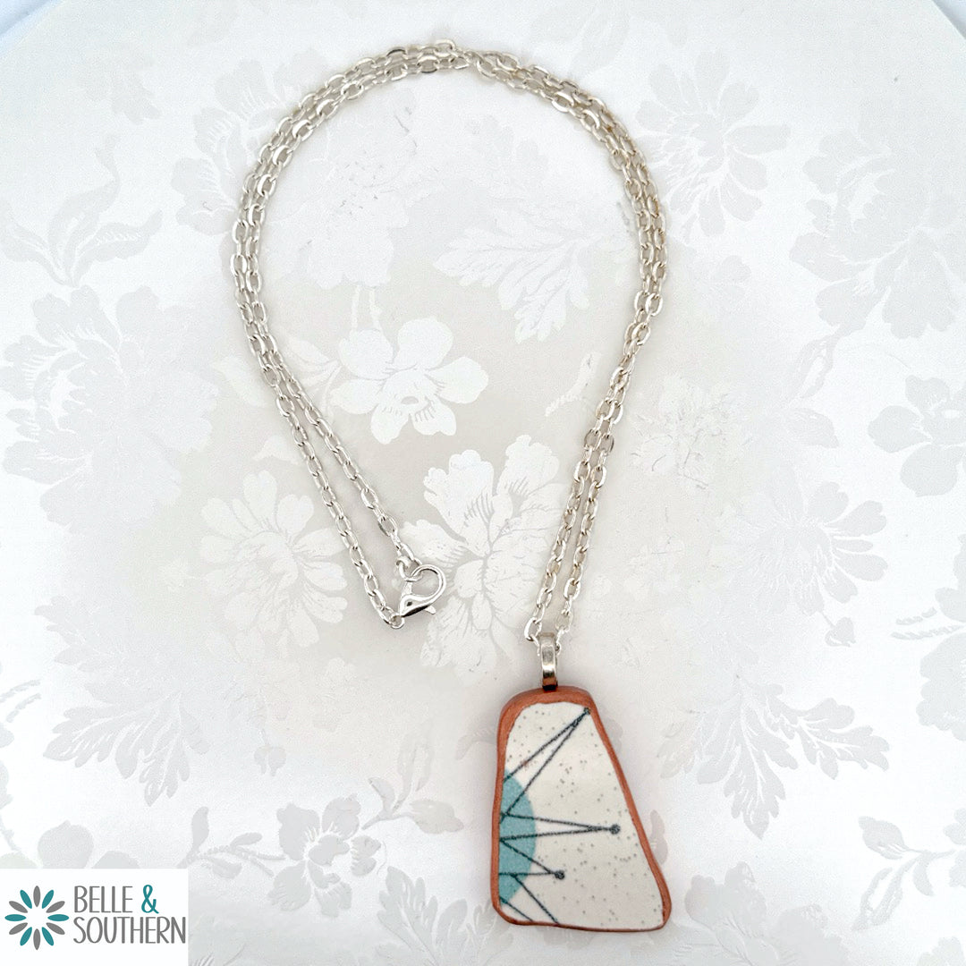 Recycled Broken Plate Geometric Pattern Pendant on 18" Silver Plated Necklace