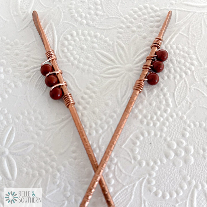 Pair of Red Creek Jasper Gemstone Beads wrapped on textured copper hair sticks
