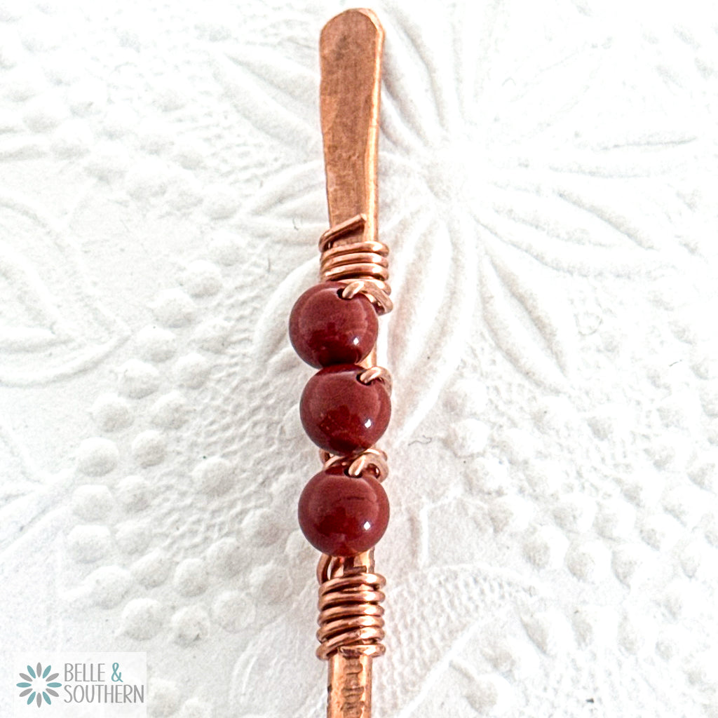 Shown: 3 Red Jasper Gemstone Beads wrapped on copper hair stick up close
