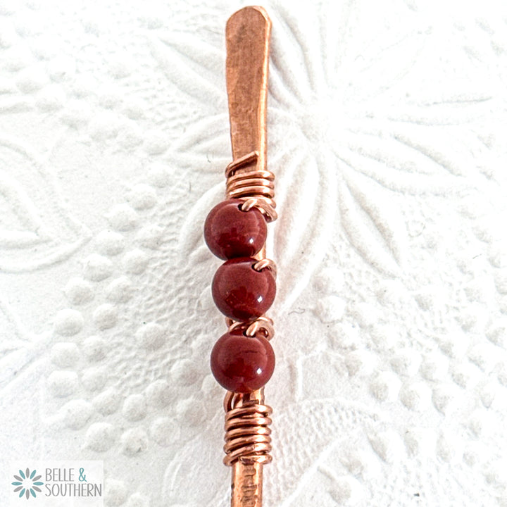 Shown: 3 Red Jasper Gemstone Beads wrapped on copper hair stick up close
