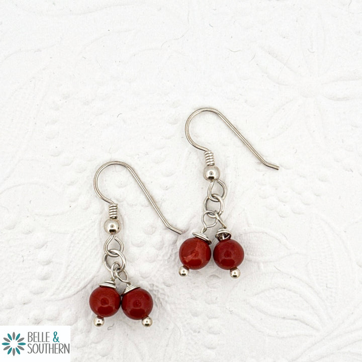 2 Red Jasper Gemstone Beads on Sterling Silver Ear wires