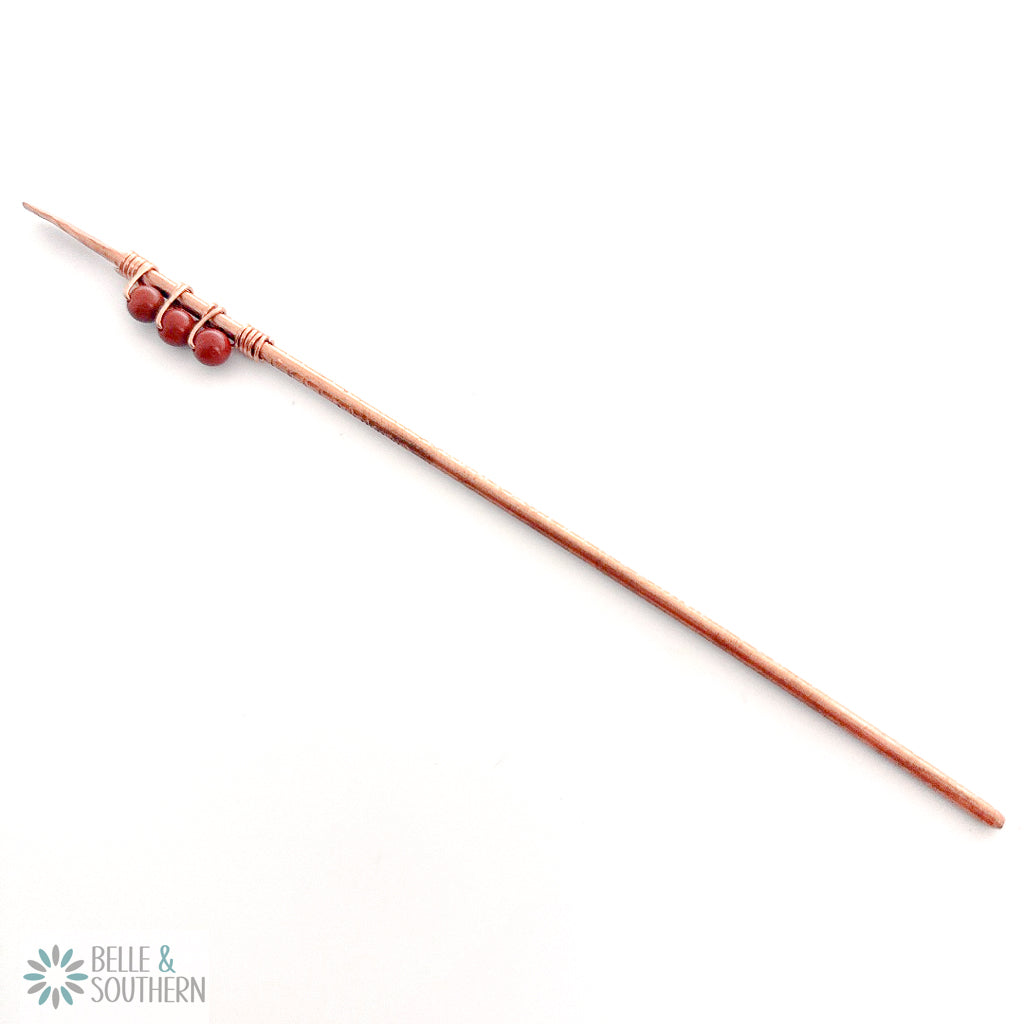 3 Red Popper Jasper wrapped on textured copper hair stick