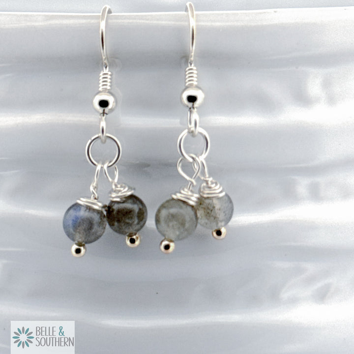 Two stone labradorite drop earrings with a soft blue flash, hand-wrapped in Argentium silver