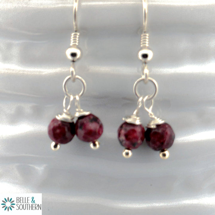 Maroon Gemstone Beads Silver Earrings