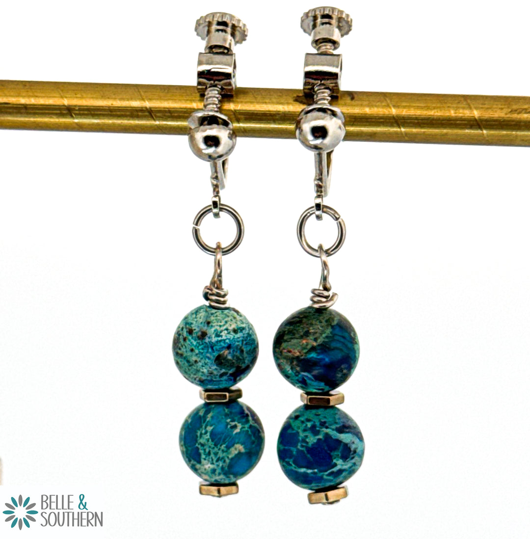 Sea Sediment Jasper Bead on silver color clip on earrings on brass bar