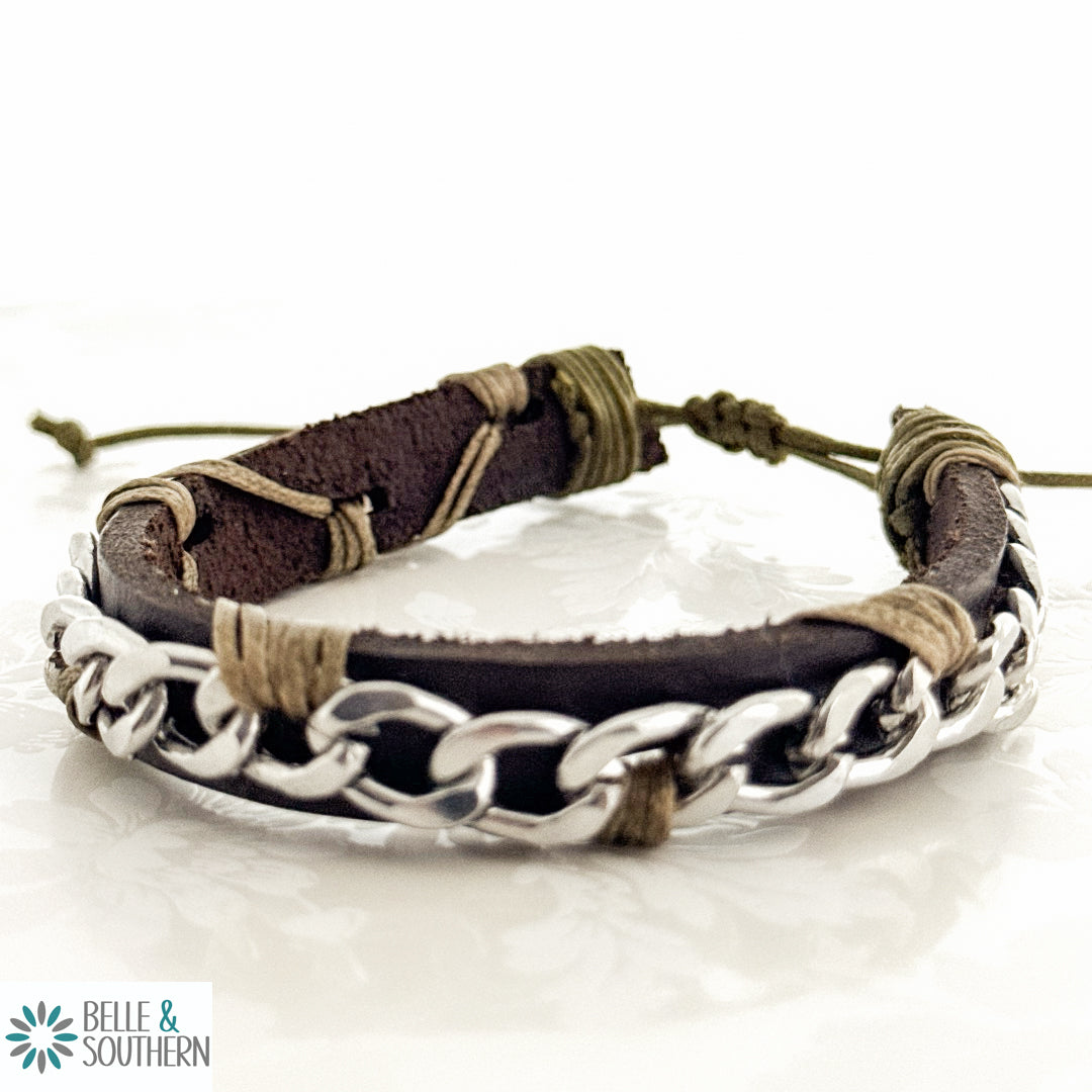 Silver Chain Brown Leather Bracelet