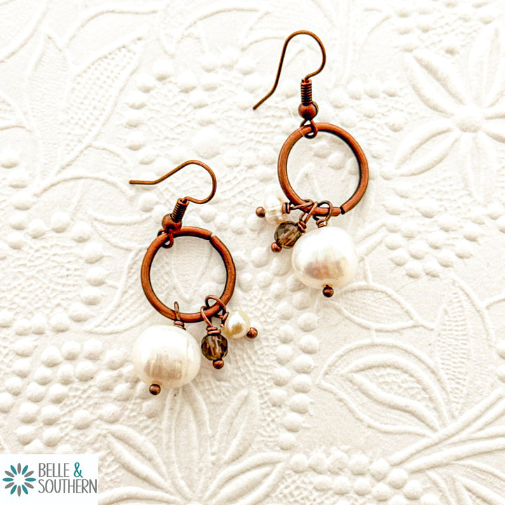 Touch of Grace Copper and Pearl Earrings Small Hoop