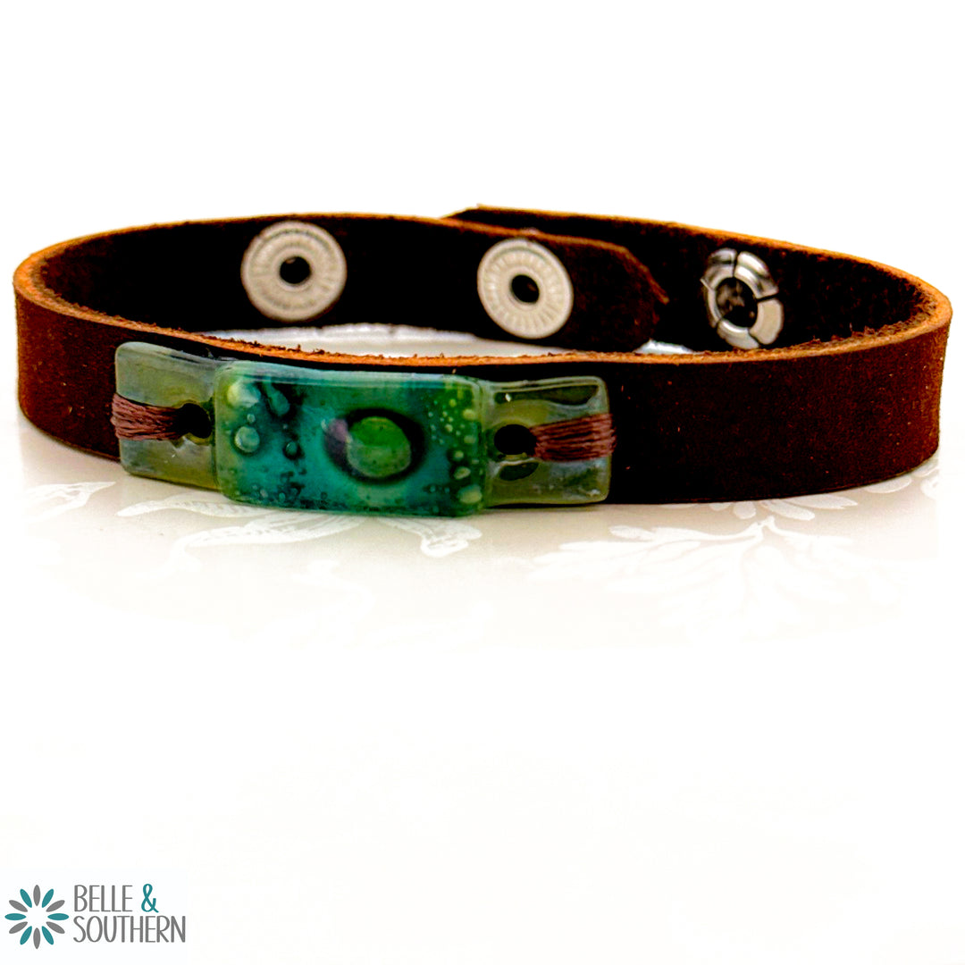 Brown Suede Leather with Two toned green fused glass snap adjustable bracelet