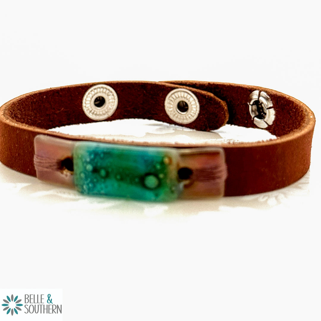 Brown Suede Leather with Plum and Green Fused Glass Snap Adjustable bracelet