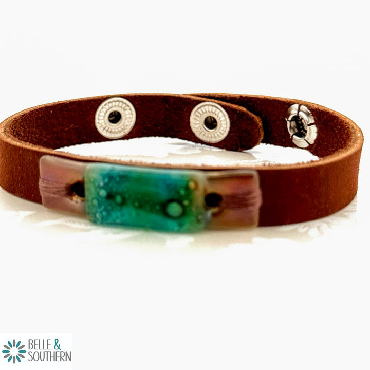 Brown Suede Leather with Plum and Green Fused Glass Snap Adjustable bracelet