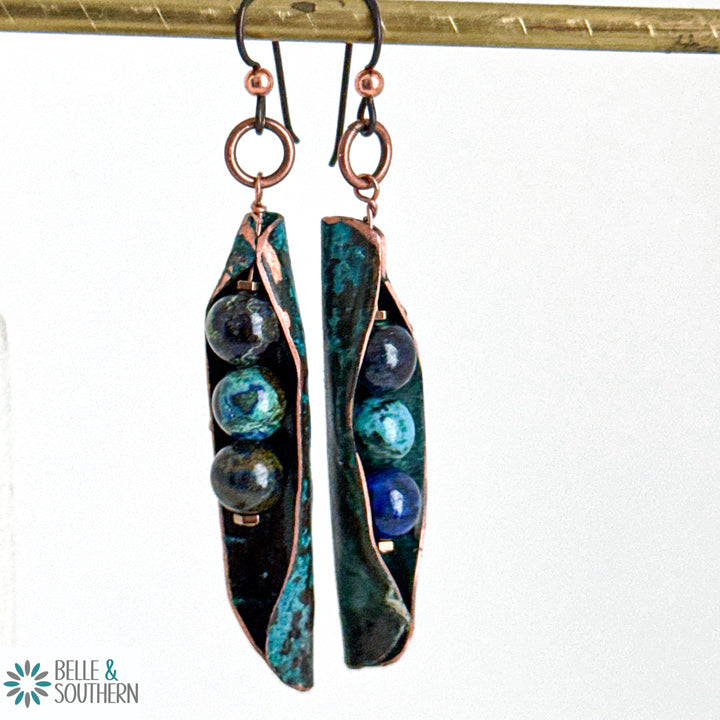 Three Beads in a Moss Azurite Stone Earrings