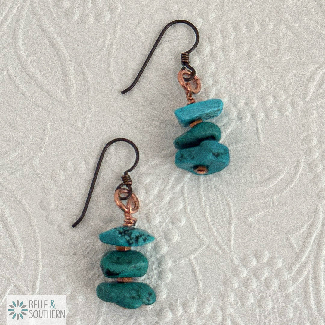 Teal the Deal Earrings stacked natural turquoise dangles on niobium ear wires, handcrafted by The Swanky Dale