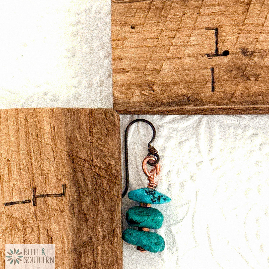 Teal the Deal Earrings freeform turquoise chip nuggets with copper hematite, approx 1.5 inch drop, The Swanky Dale