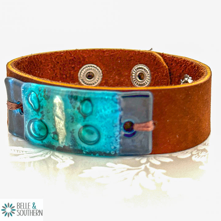 3/4 Wide Brown Suede Leather with Light Blue and Silver Fused Glass Adjustable Snap Bracelet