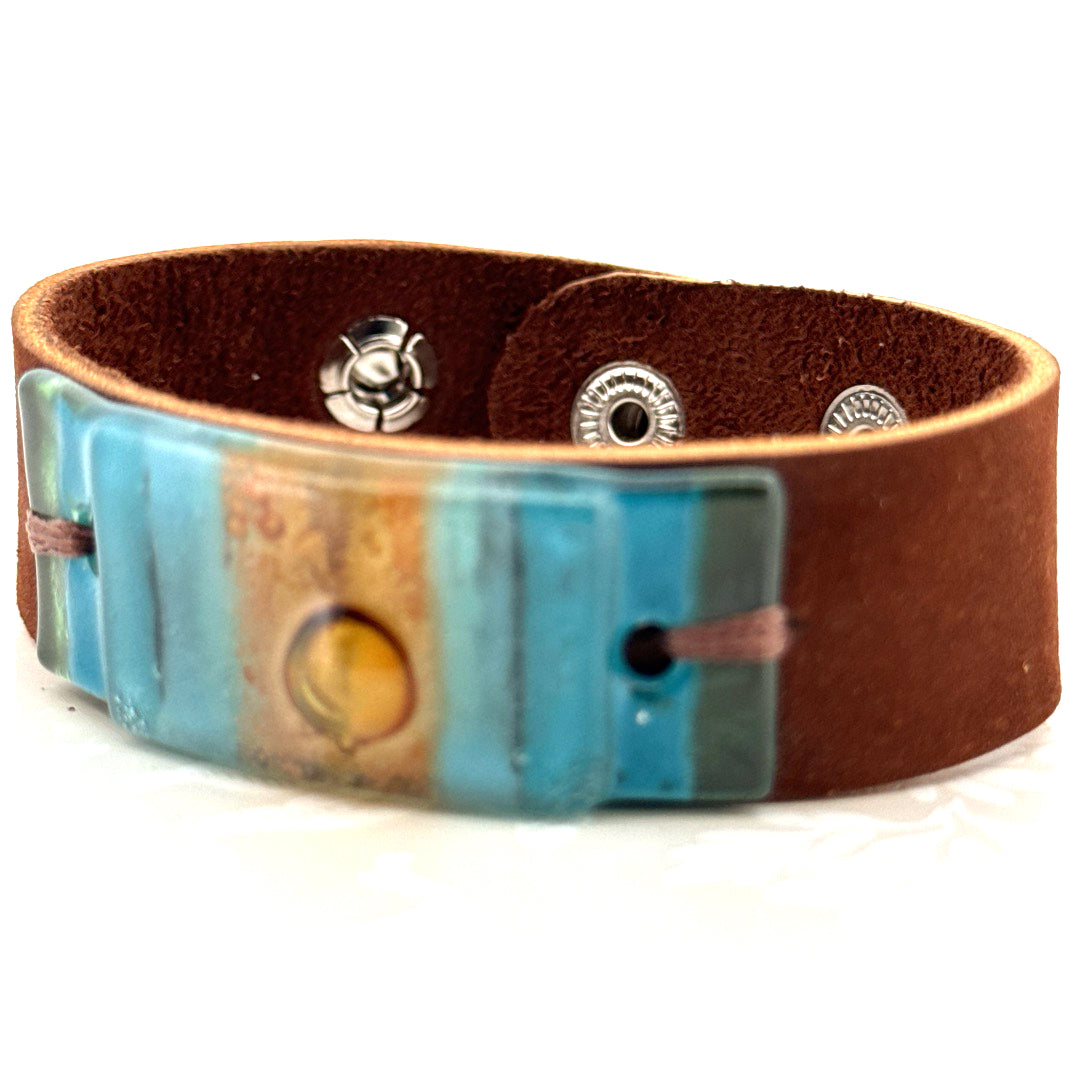 3/4 Wide Suede Leather with Aqua Blue and Gold Fused Glass Adjustable Snap Bracelet
