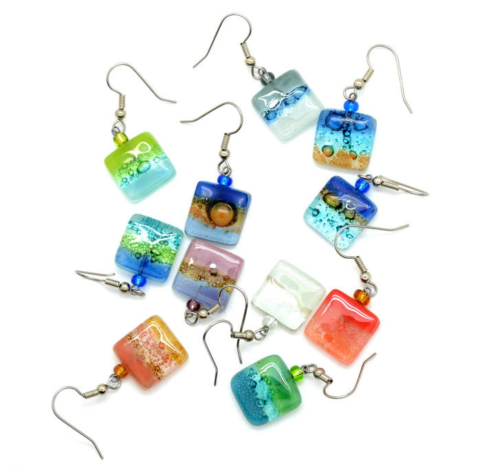Colorful square-shaped earrings on a white background