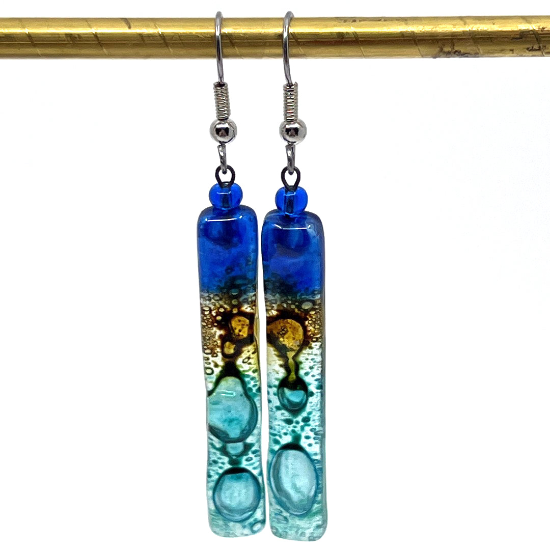 Dark Blue Gold Aqua Blue Glass Earrings