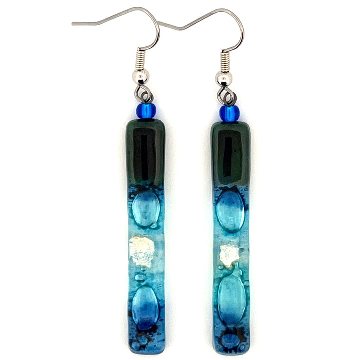 Dark Green Blue Silver Speck Glass Earrings