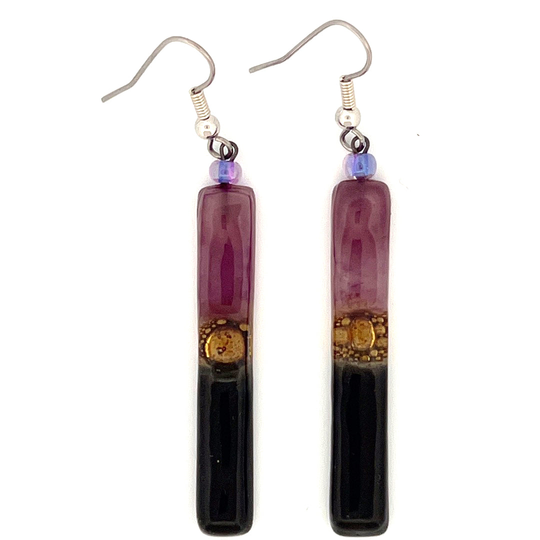 Purple Gold Dark Green Glass Earrings