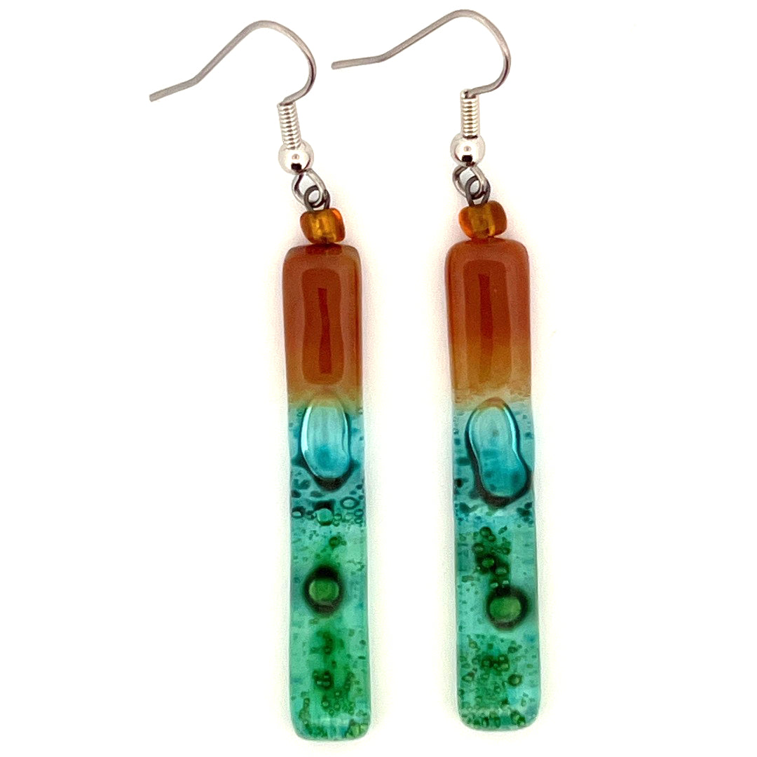 Amber Blue Green Fusion Glass Earrings