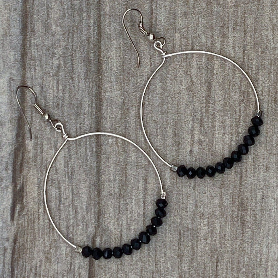 Black Crystal on Silver Hoop Earrings