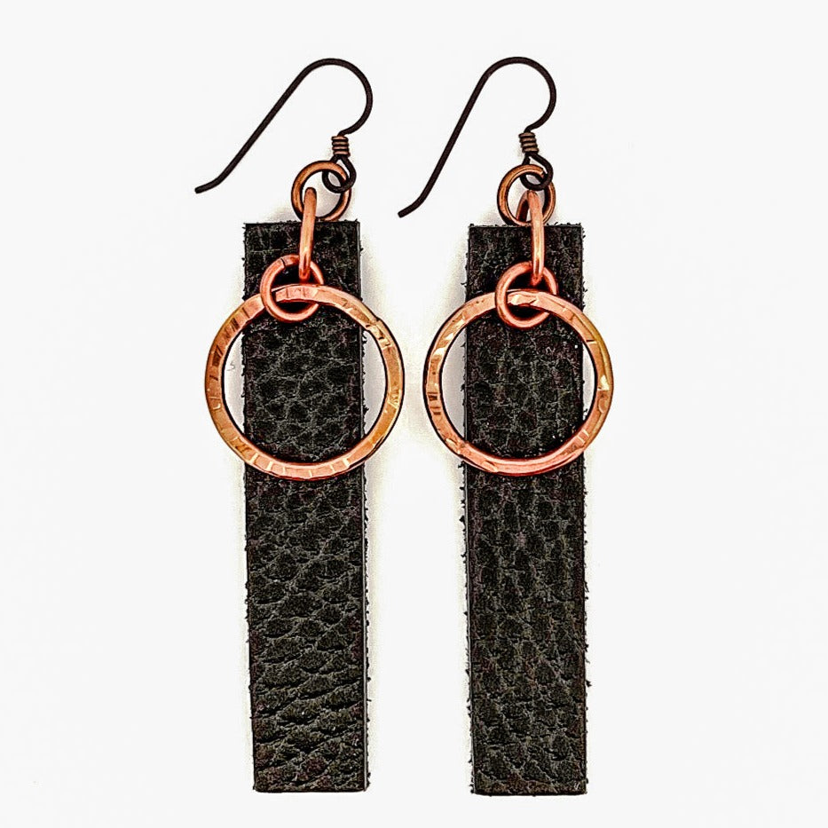 Black Leather and Copper Earrings