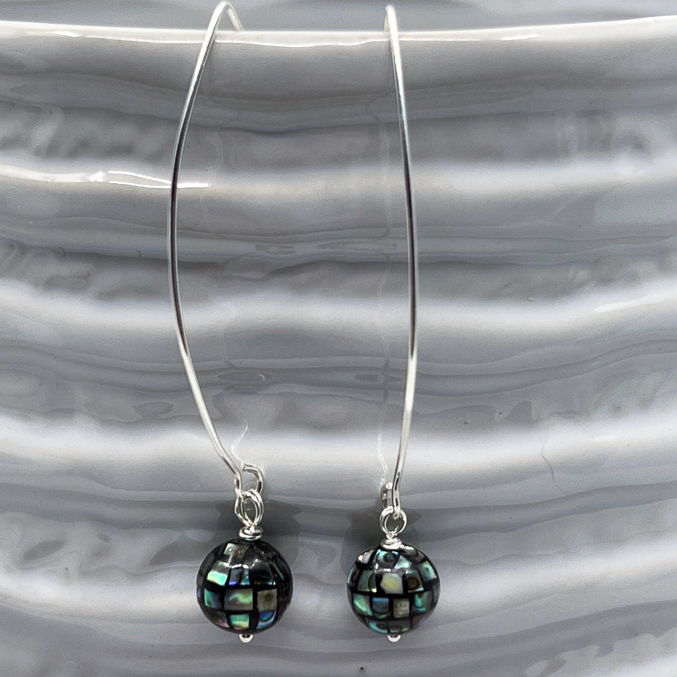 Mosaic Abalone Disco Ball Silver Earrings