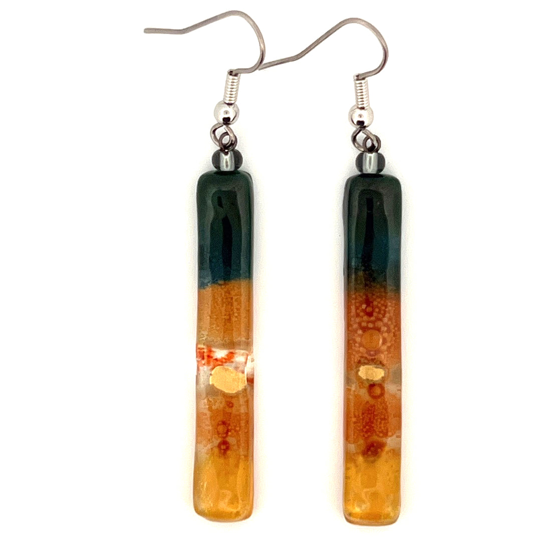 Green Amber Gold Fusion Glass Earrings
