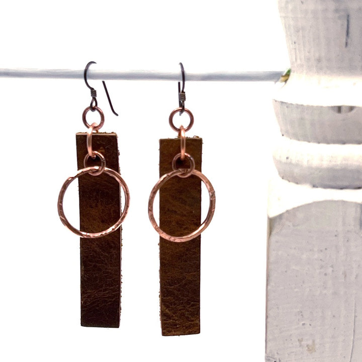 Brown Leather Rectangle and Copper Hoop Earring