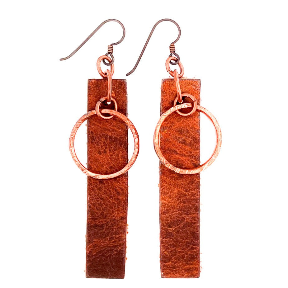 Tan Leather and Copper Earrings